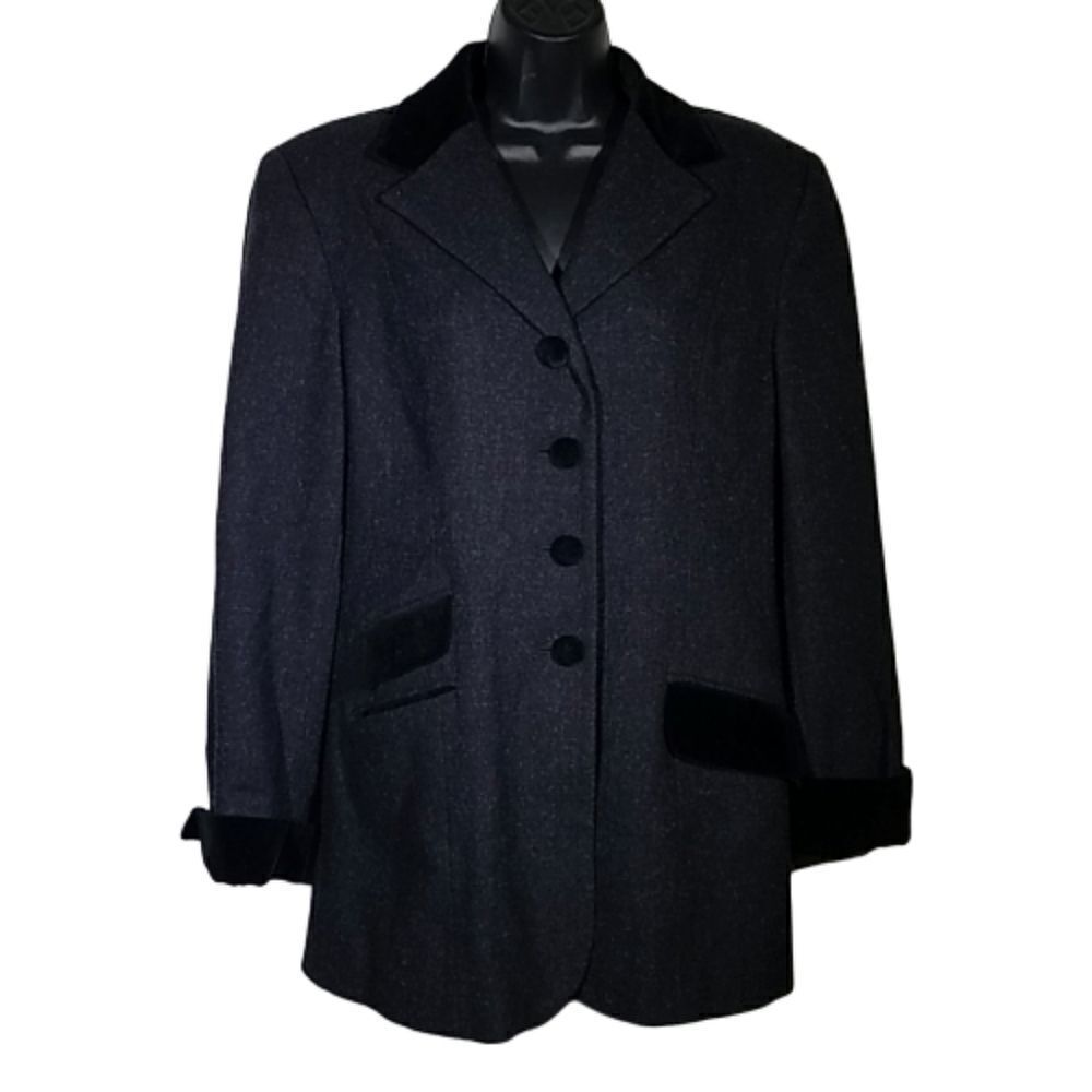Vintage 80s Grey Wool Black Velvet Trim Peacoat Md‎ Made in Ukraine